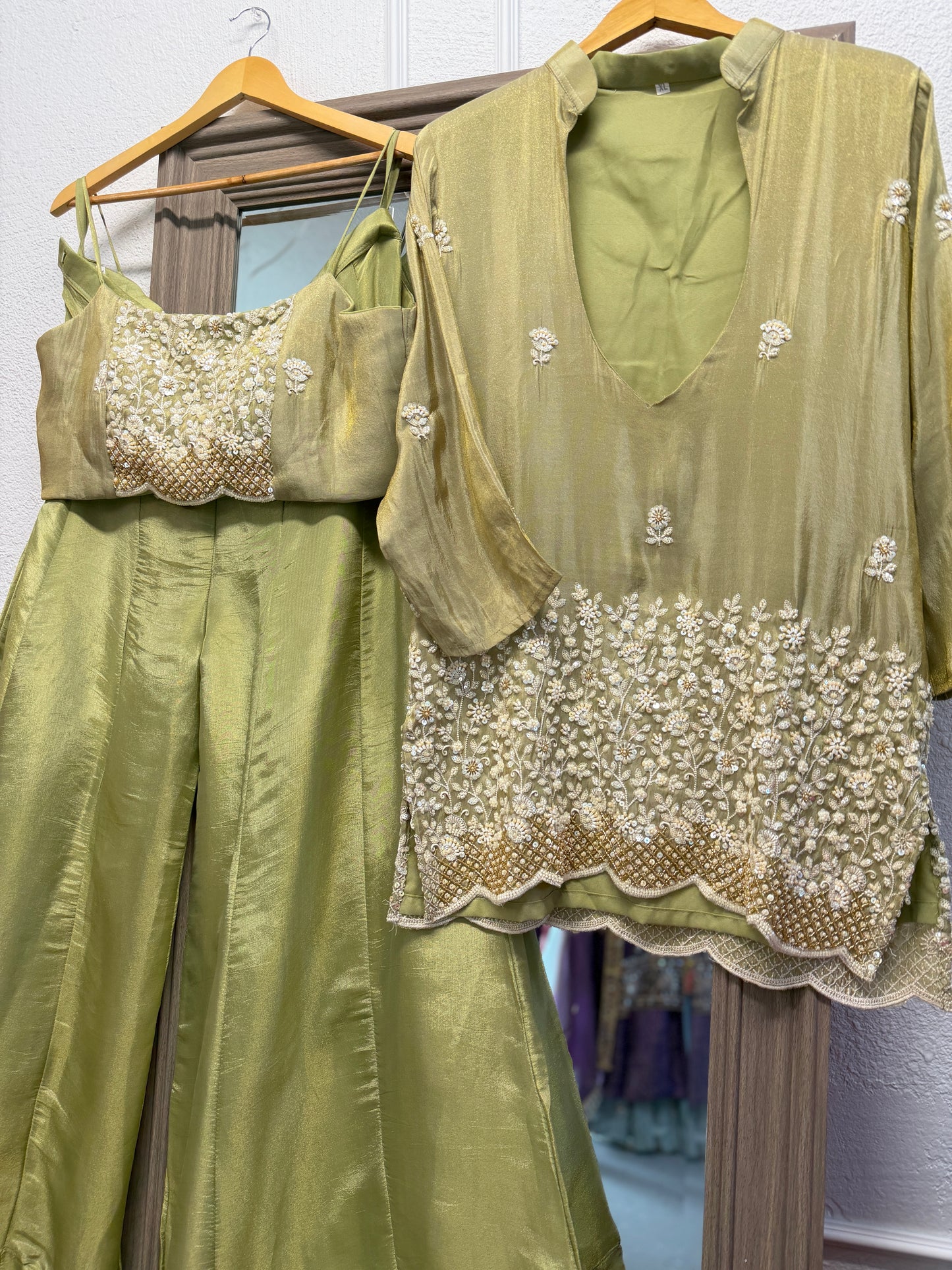 Pistachio heavy handwork crop top palazzo and jacket set partywear