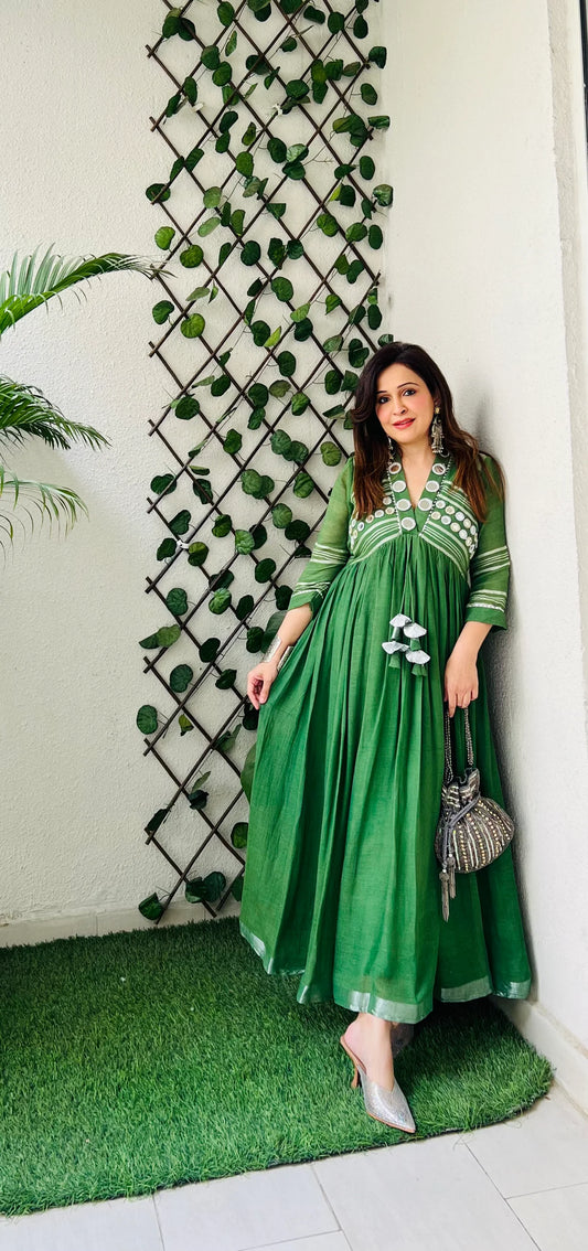 Green linen v neck foil work maxi dress