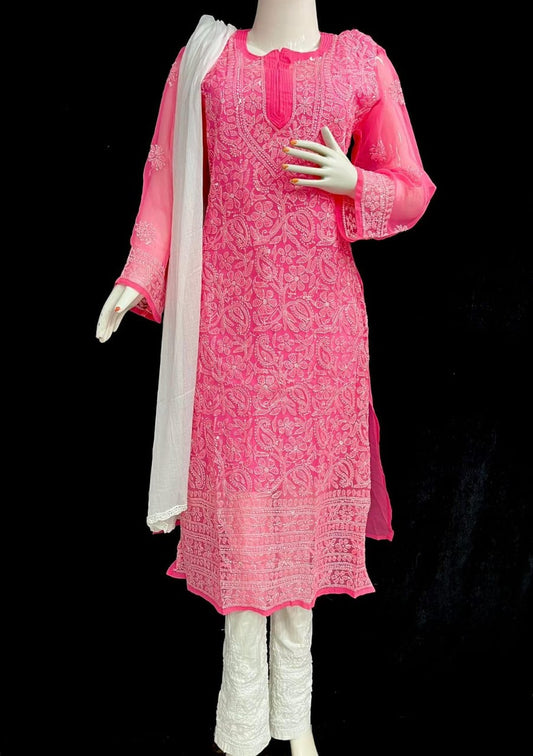 Pink Heavy lucknowi chikankari work kurti with lining