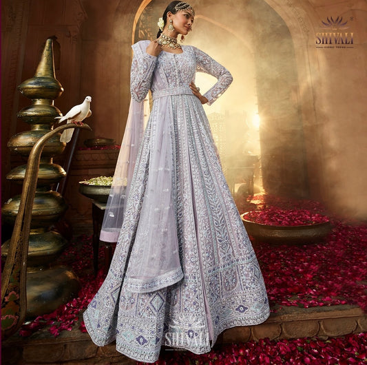Stunning Lavender heavy handwork front slit pastel lehenga