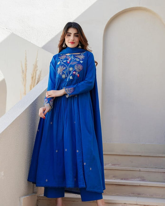 Blue beautiful embroidered mul cotton A line kurta set