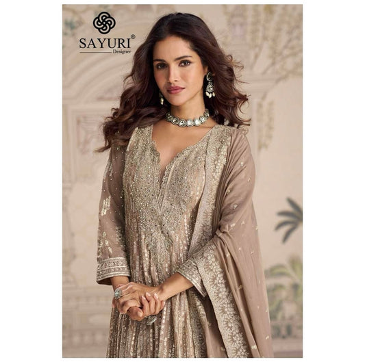 Beige golden heavy work partywear gown