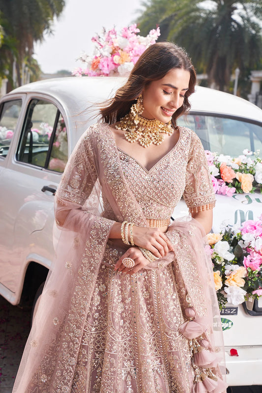 Pastel pink heavy handwork and mirror work lehenga