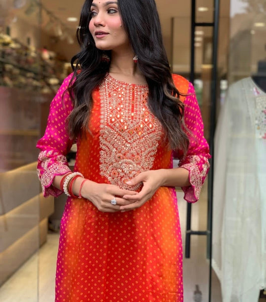 Hot pink and orange mirror yoke festive wear suit