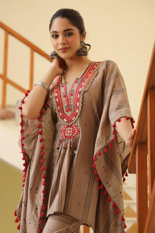 Light brown heavy embroidered kaftan set