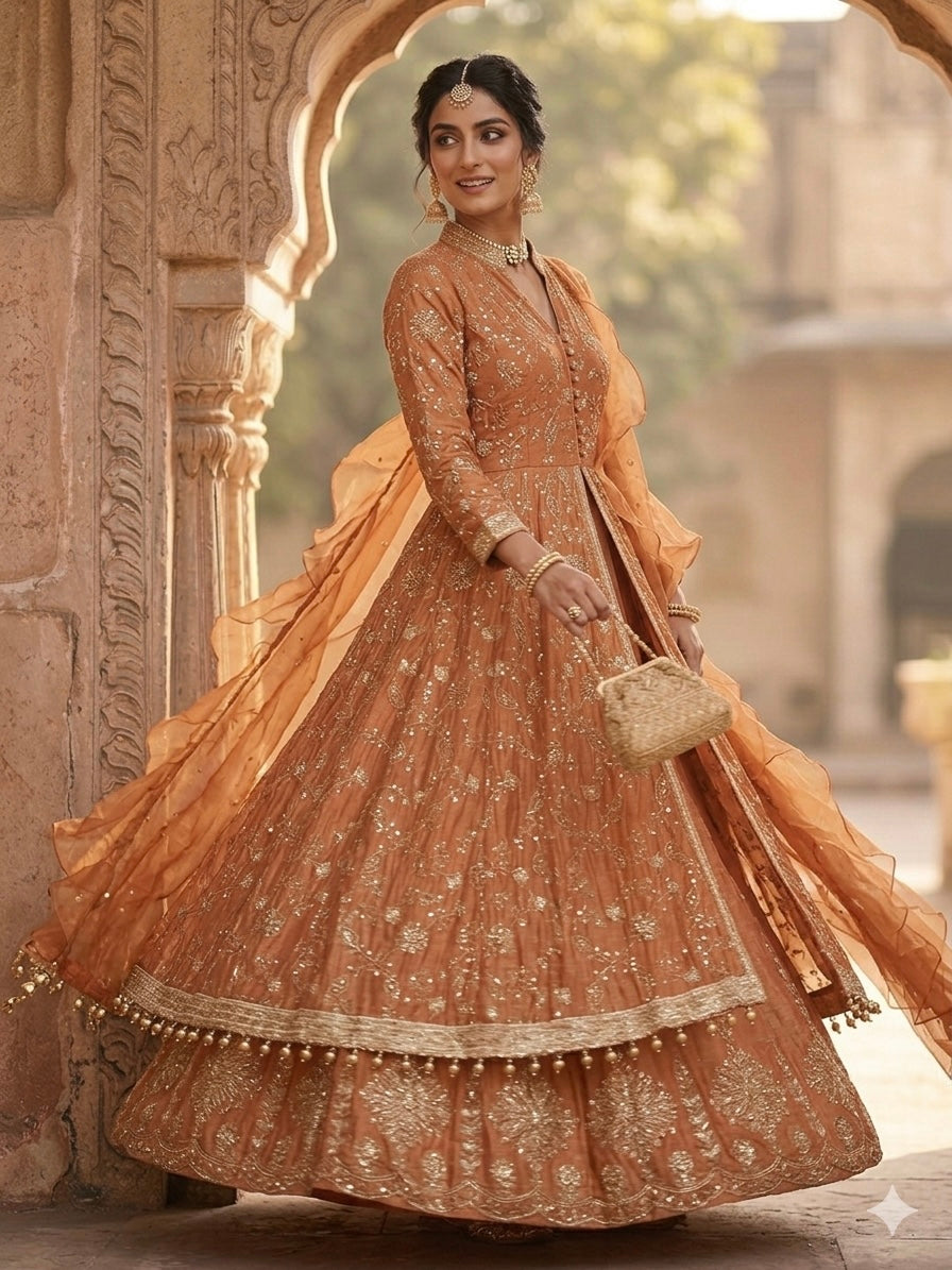 Rust Orange Heavy all over work handwork lehenga skirt dupatta
