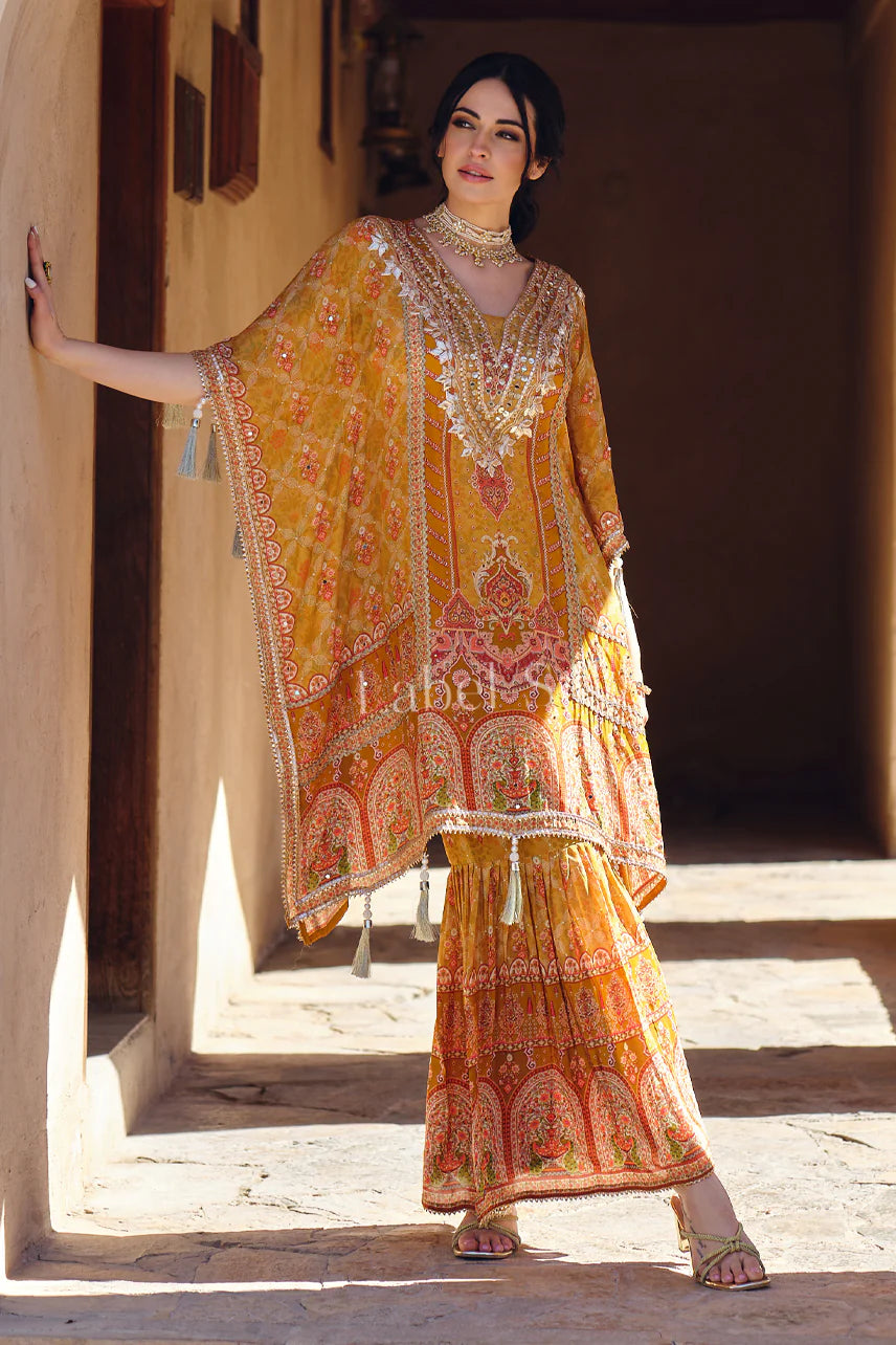 Mango crepe partywear kaftan sharara set