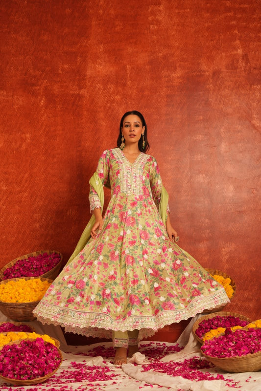 Lemon floral pure crepe anarkali kurta set