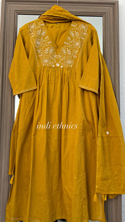 Mustard yellow pure mul cotton 3 pc suit