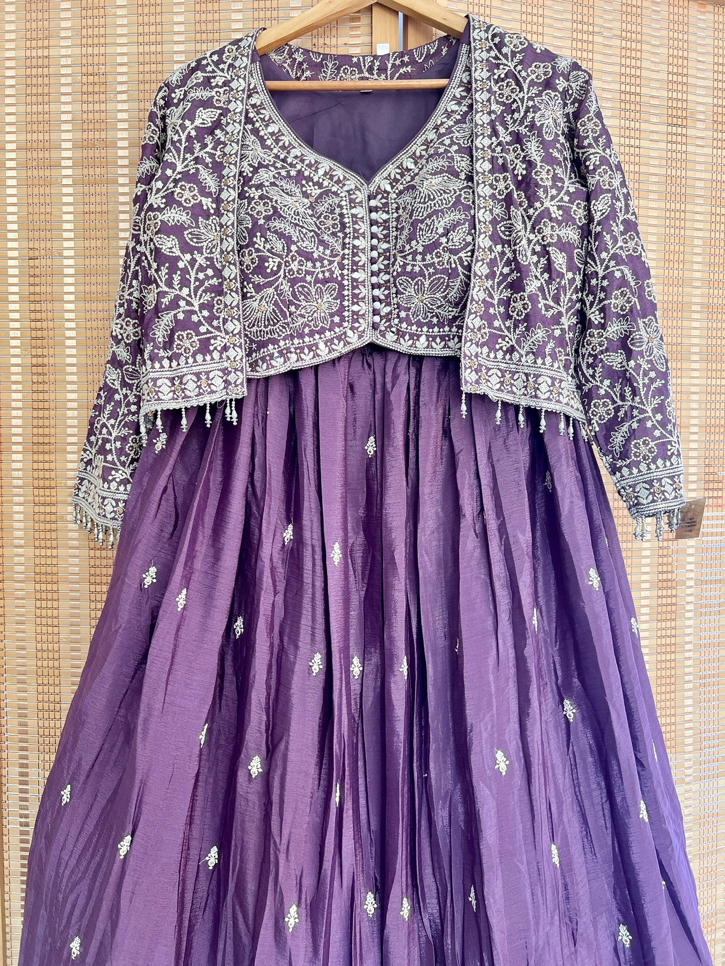 Lavender heavy embroidered crop top jacket partywear lehenga