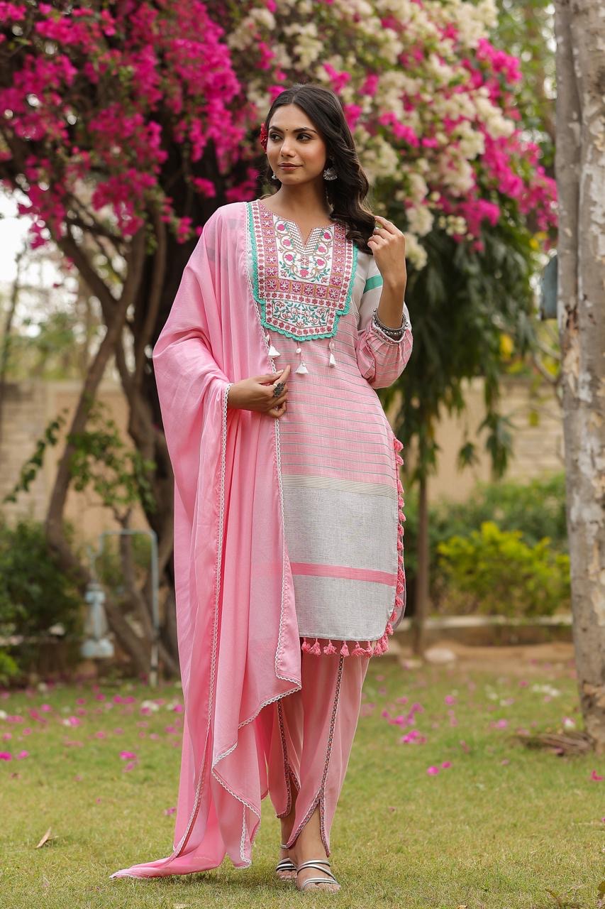 Pink heavy embroidered yoke summer kurta set