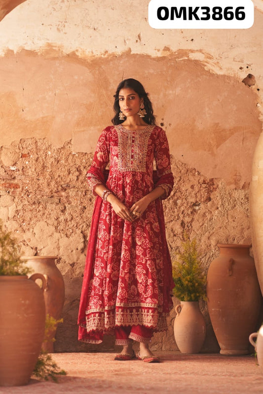 Red pure elegant chinnon silk floral anarkali kurta set