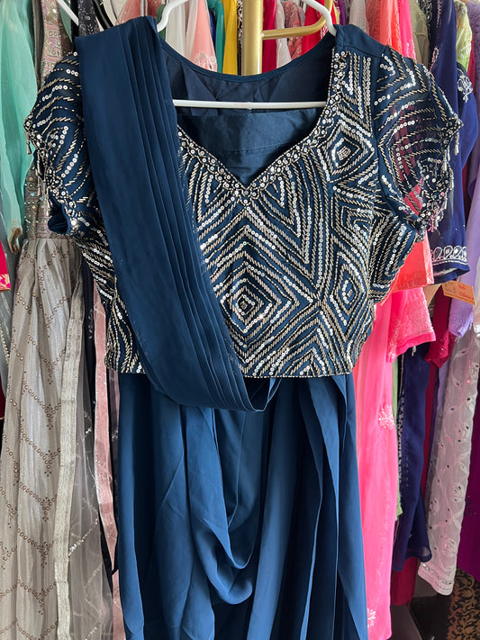 Teal heavy sequin work predraped ready to wear saree