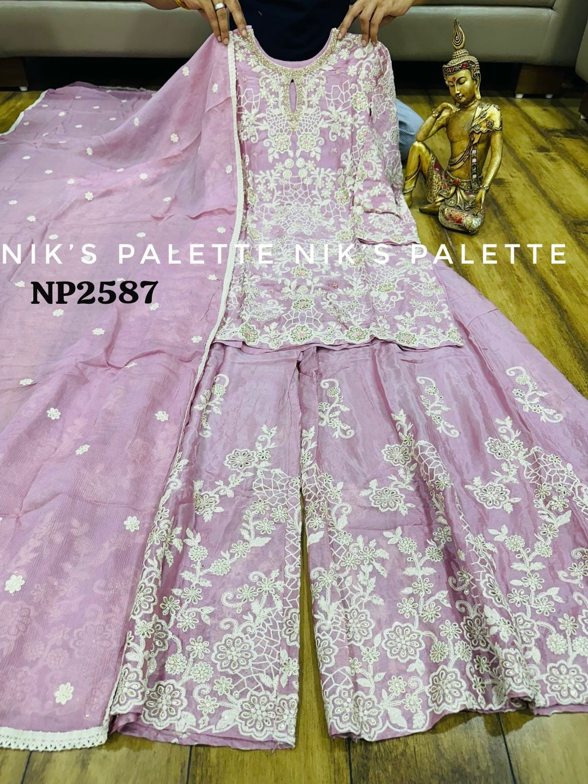 Onion pink heavy embroidered partywear formal sharara palazzo set