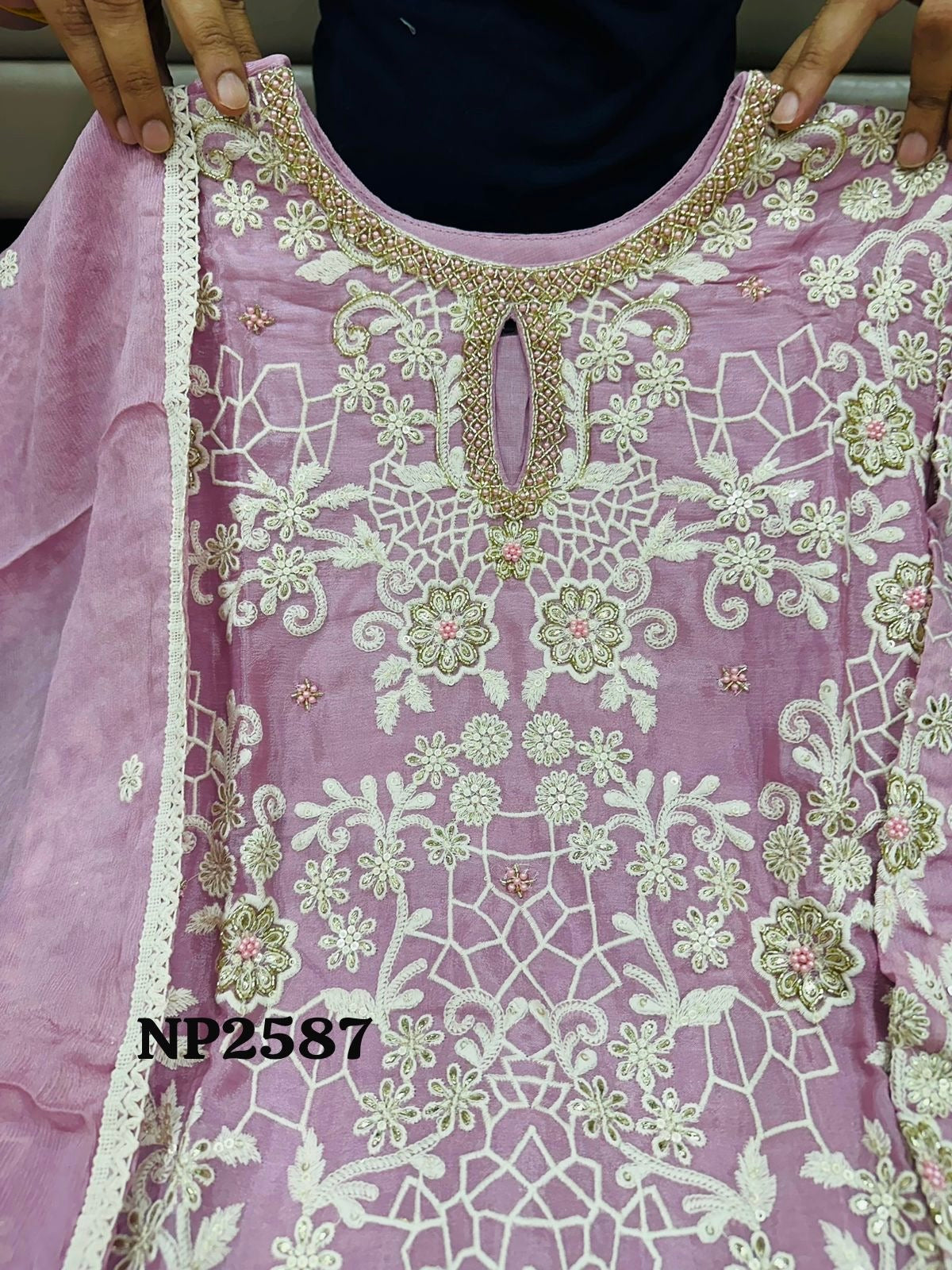 Onion pink heavy embroidered partywear formal sharara palazzo set