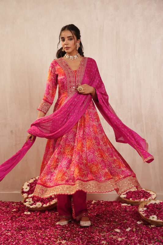 Pink and orange bandhni print stunning mirror work anarkali kurta set