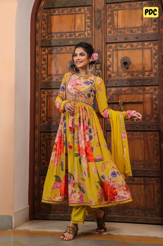 Yellow heavy work angrakha anarkali kurta set