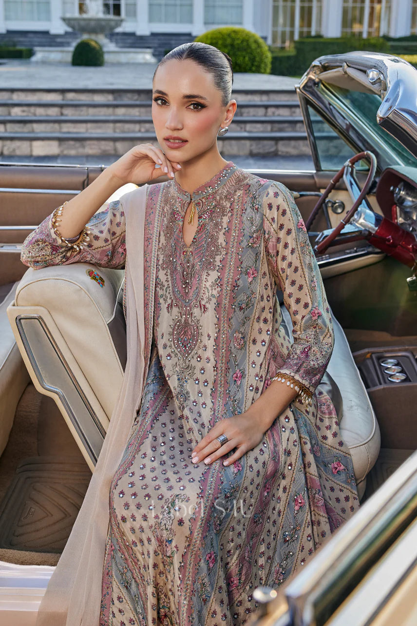 Beige and pink high neck crepe long suit