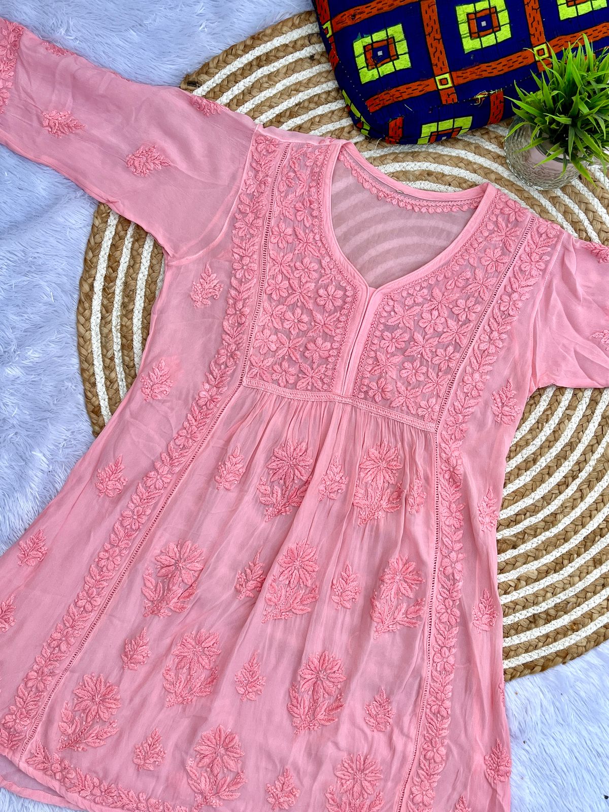Premium viscose Chikankari 3D short anarkali kurt