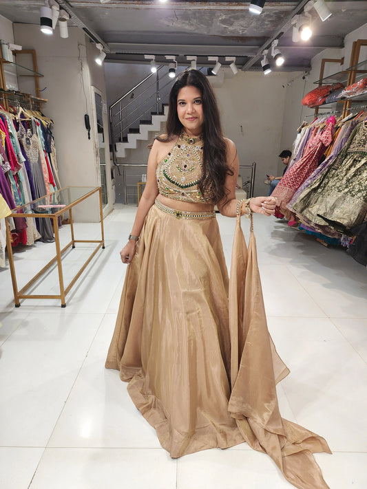 Gold heavy handwork halter neck lehenga