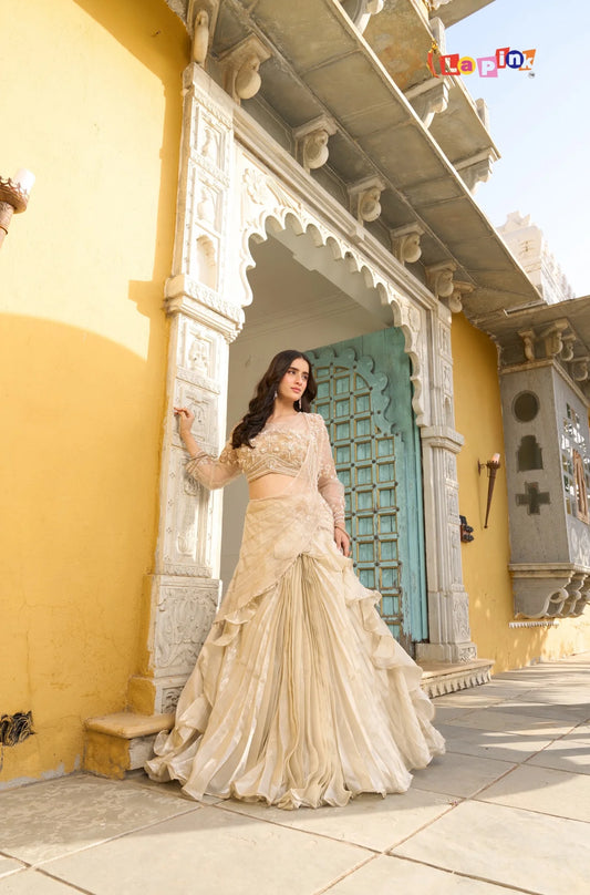Gold stunning handwork ruffled saree lehenga