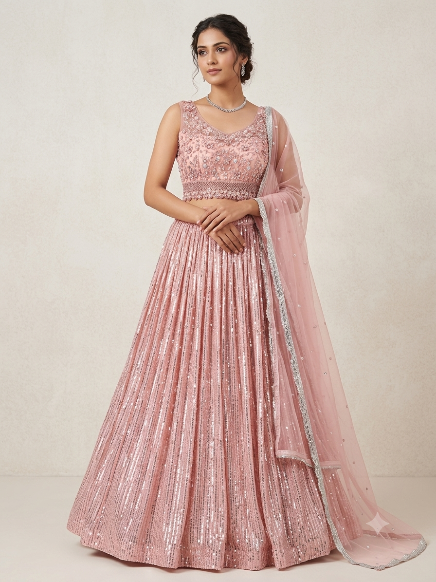 Peachis pink heavy handwork and sequence partywear lehenga