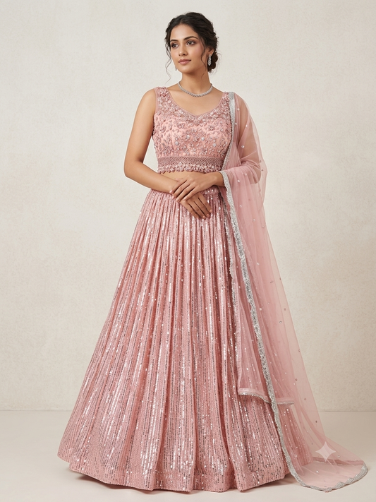 Peachis pink heavy handwork and sequence partywear lehenga