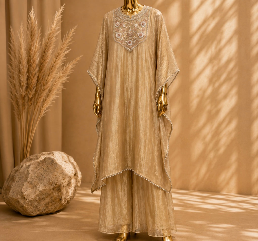 Golden beautiful handwork tissue kaftan set