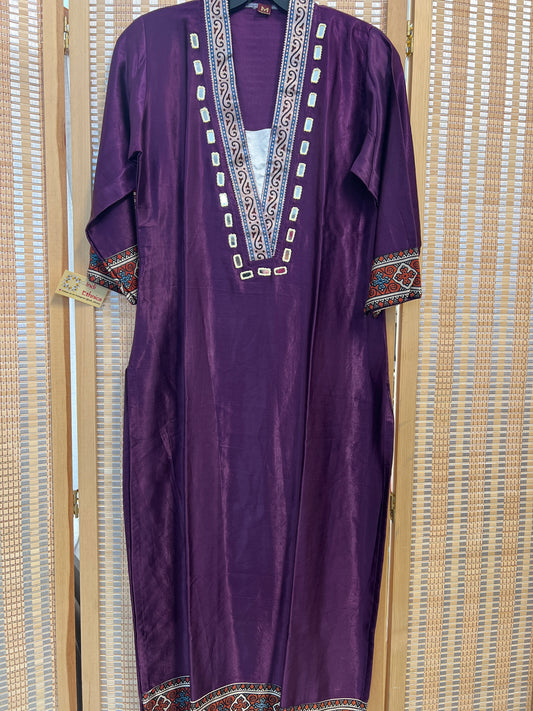 Violet pure gaji silk v neck kurti with real mirror work