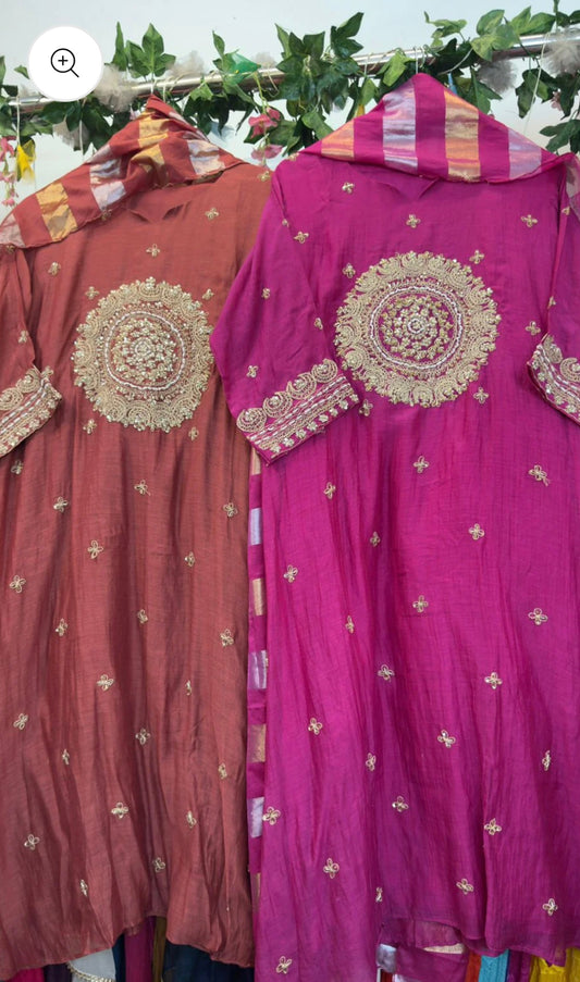 Pink premium mul chanderi heavy handwork suit