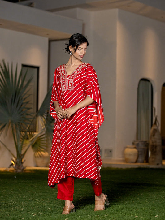 Red leheriya print kaftan set