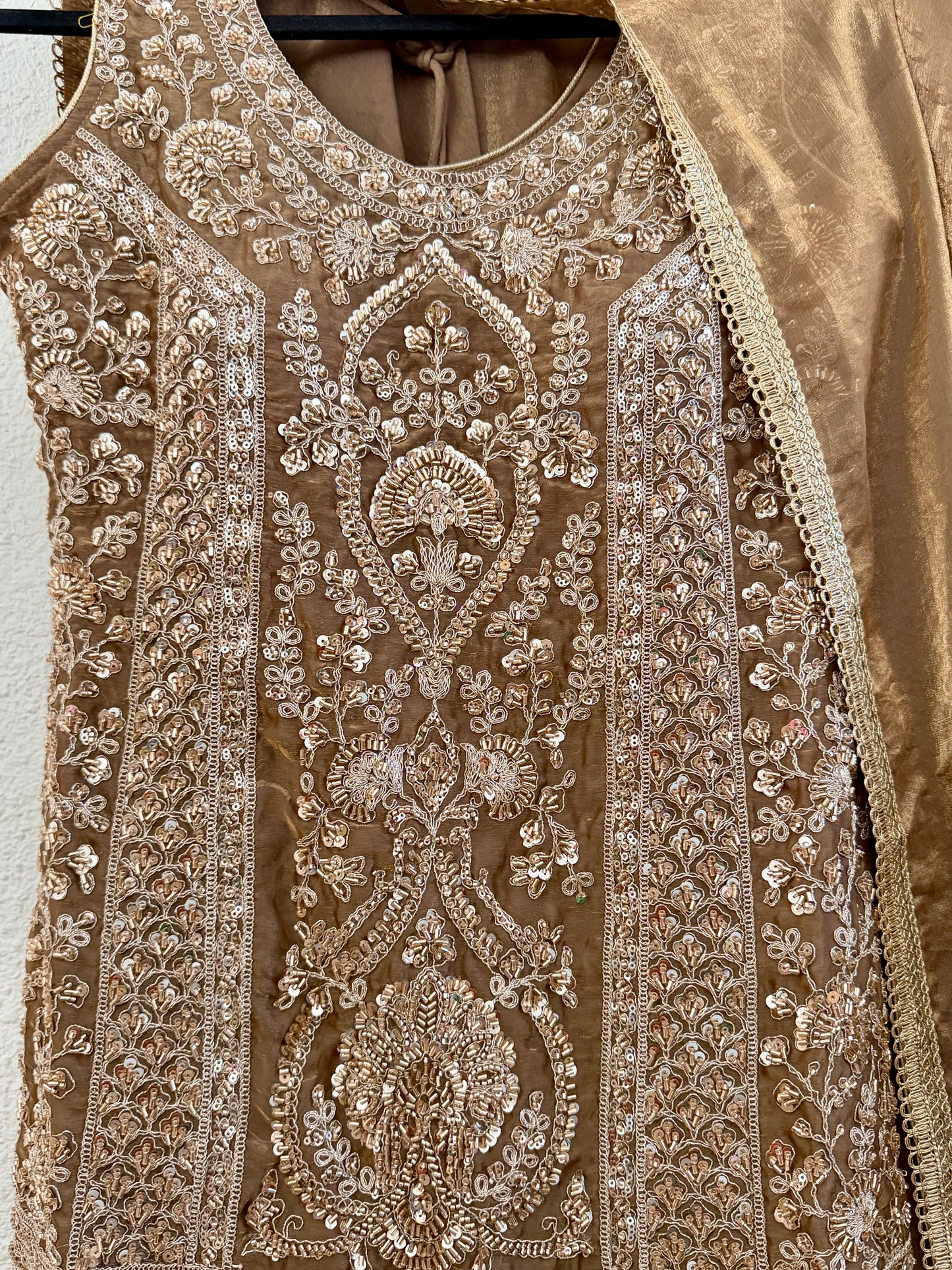 Brown heavy handwork fendy silk sharara suit