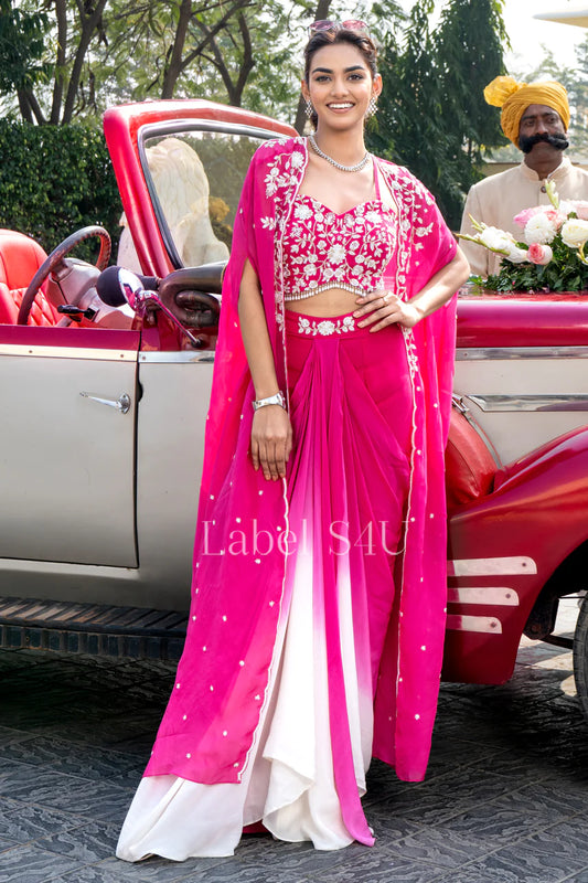 Hot pink heavy handwork indowestern with cape