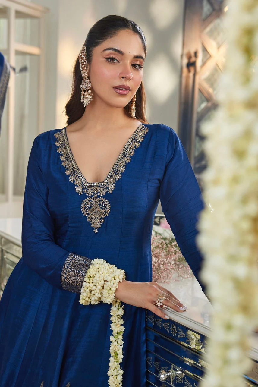 Royal blue elegant handwork silk anarkali kurta set