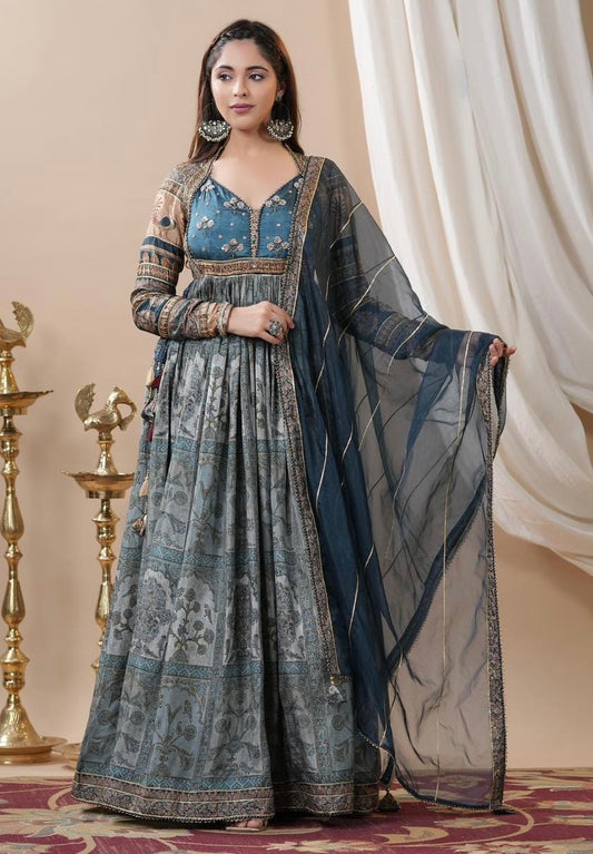 Blue Heavy floor length handwork Alia cut Kurta set