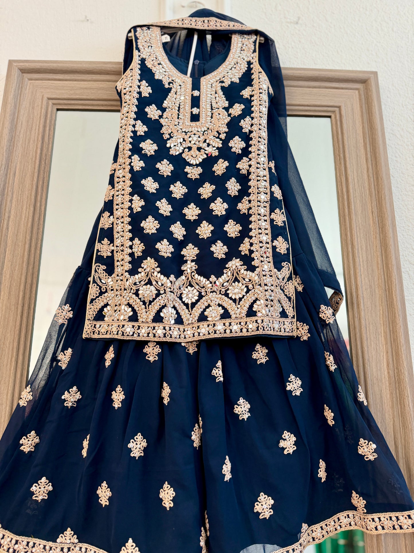 Kids Navy Blue heavy handwork mirror work sharara suit