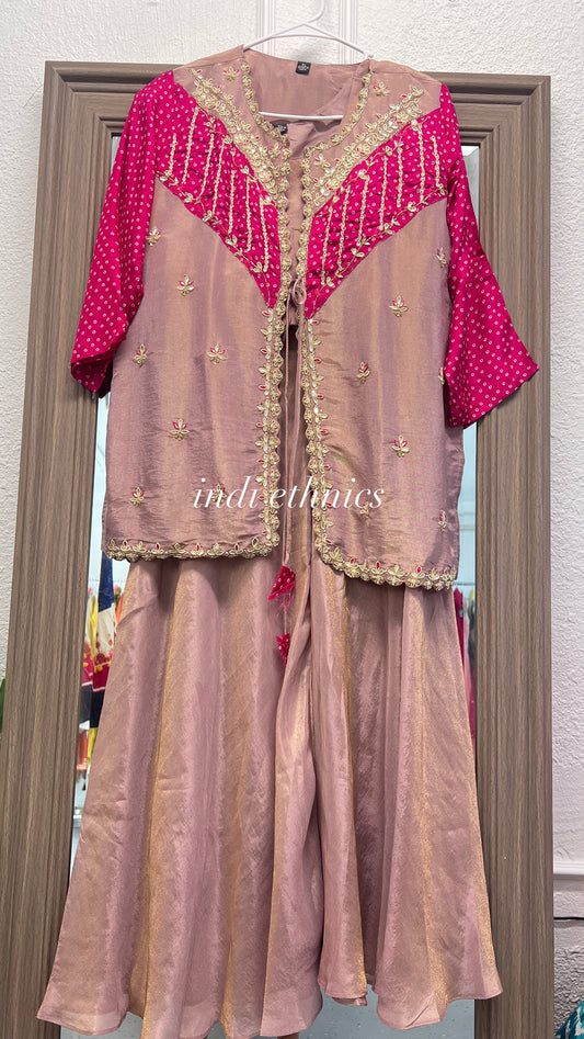 Rose gold and pink pure tissue shimmer partywear handwork co-ord set