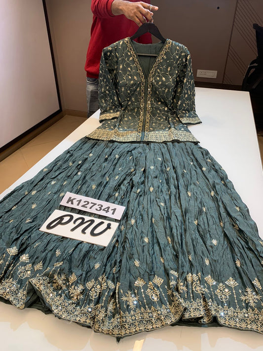 Grey elegant partywear heavy handwork sharara suit cum lehenga