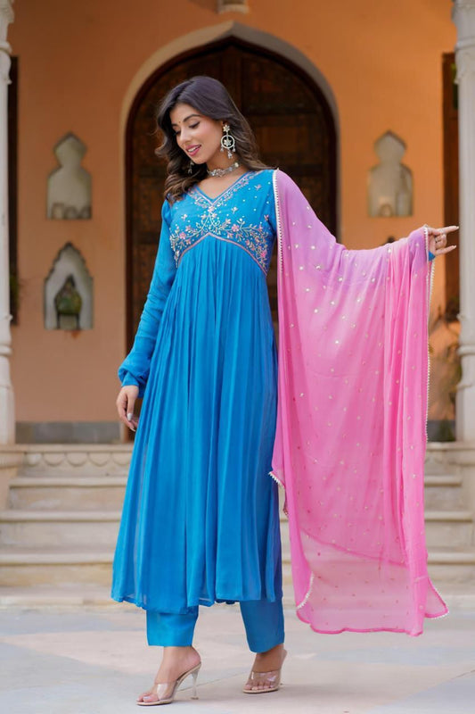 Sky Blue and pink handwork alia cut suit