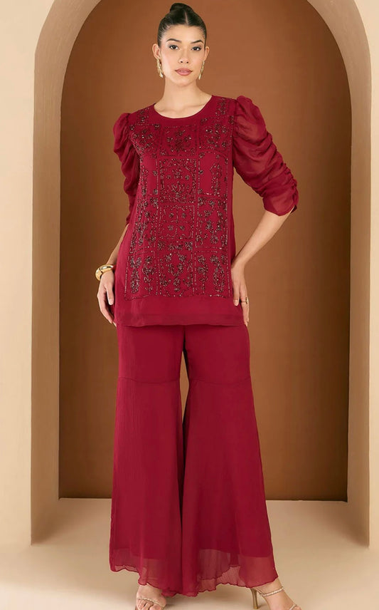 Maroon heavy handwork chiffon sharara co-ord set ( No dupatta)