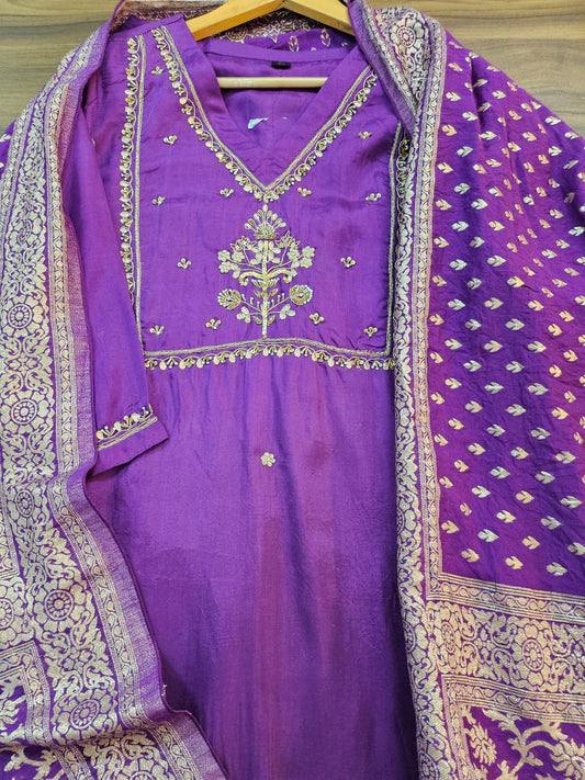 Purple handwork yoke suit with banarasi dupatta