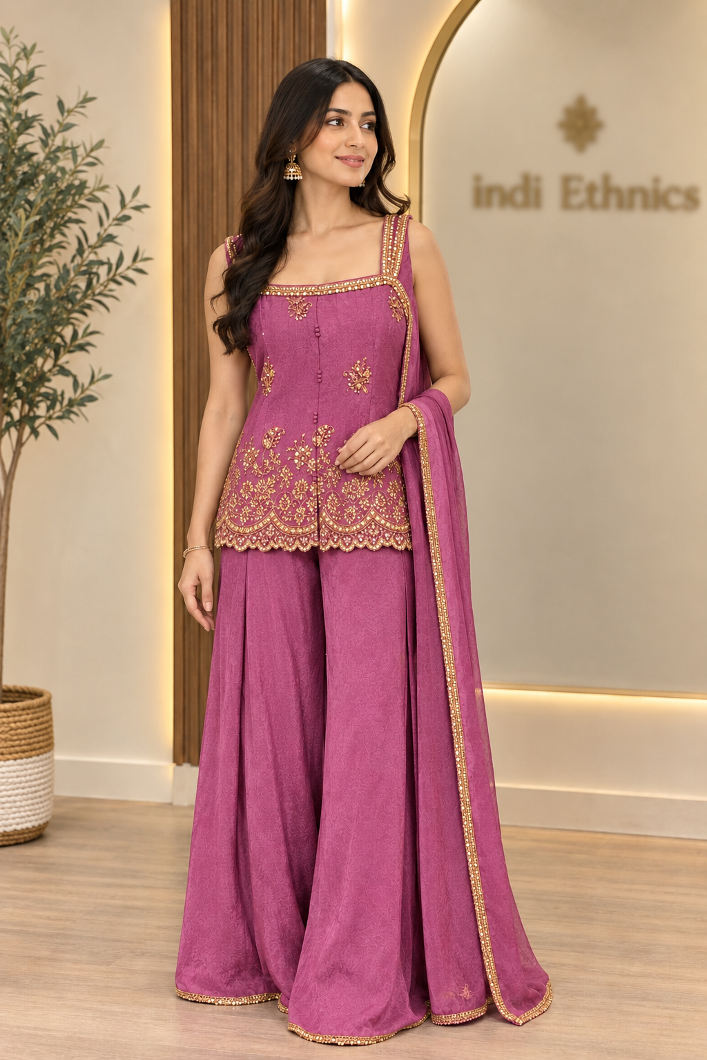 Magenta pink heavy handwork short top sharara suit