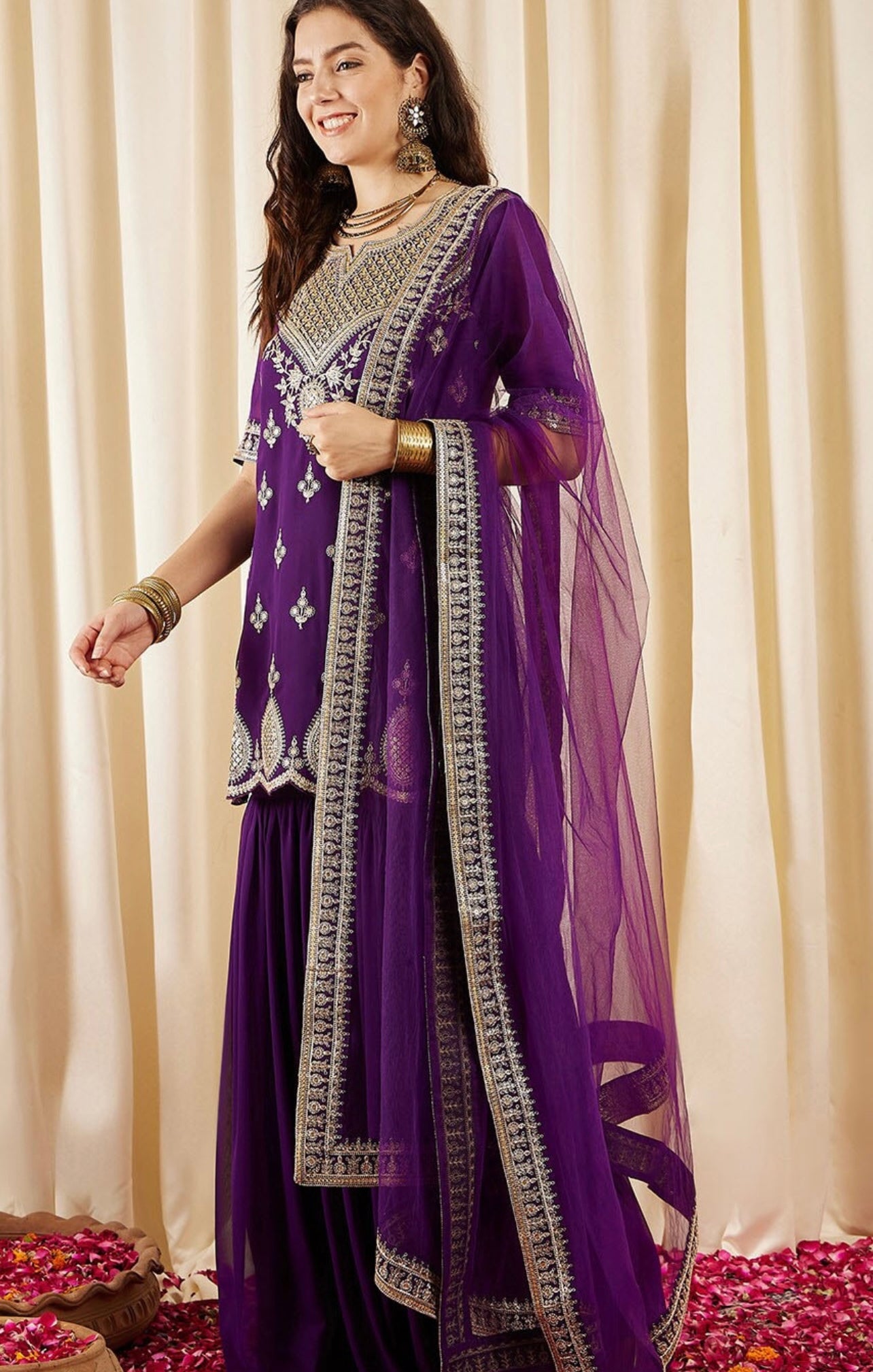 Purple beautiful sequence and zari work sharara suit