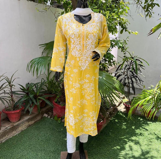 Lemon yellow chikankari mulmul kurti
