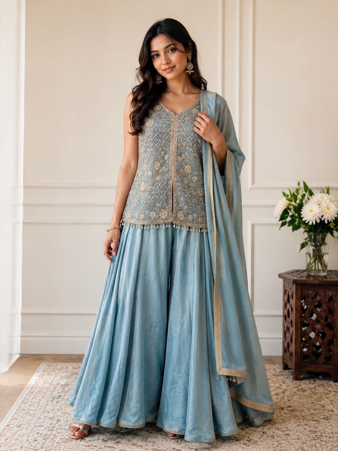 Ice blue heavy handwork (lightweight) fendy silk sharara suit