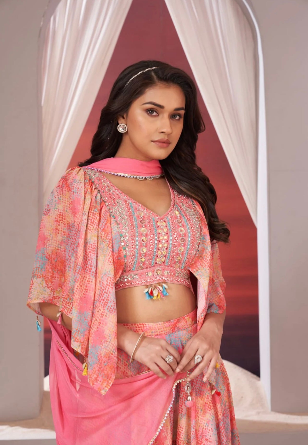 Peachish pink crop top palazzo dupatta set