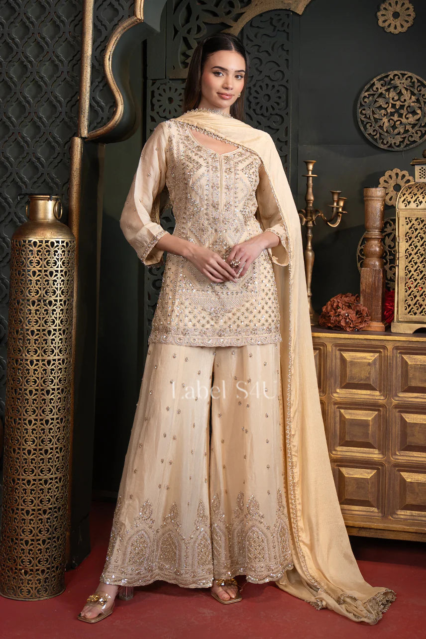 Beige gold heavy handwork palazzo suit