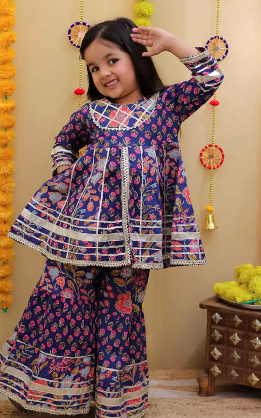 Girls Navy blue pure cotton floral beautiful sharara suit