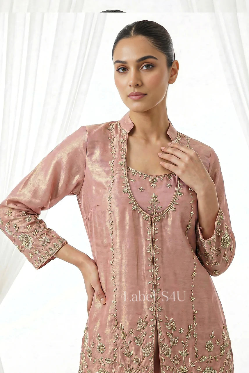 Peachis pink shimmer tissue handwork bustier jacket set