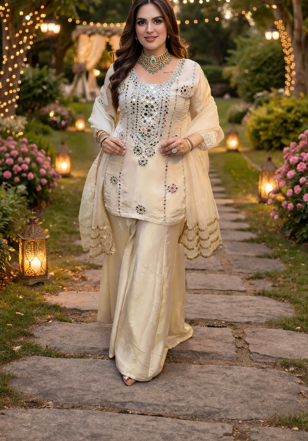 Off white beige elegant heavy real mirror work sharara suit